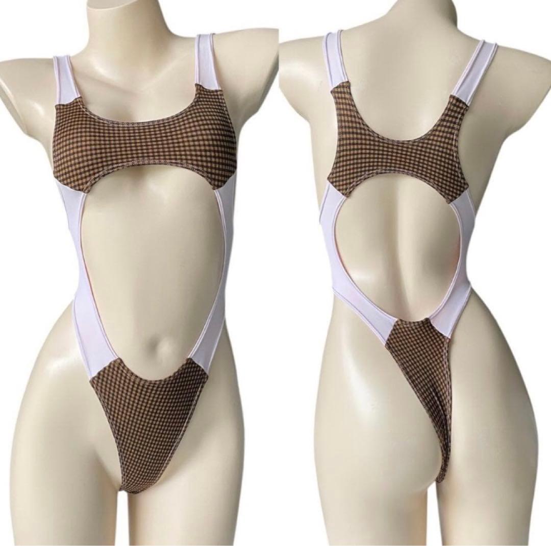 レオタード　ハイレグ　穴あき　くるみ格子×パステルピンク