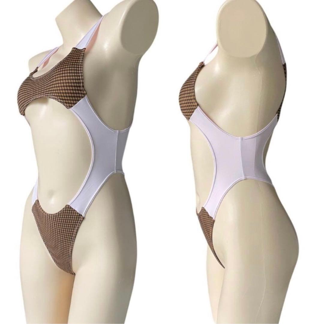 レオタード　ハイレグ　穴あき　くるみ格子×パステルピンク