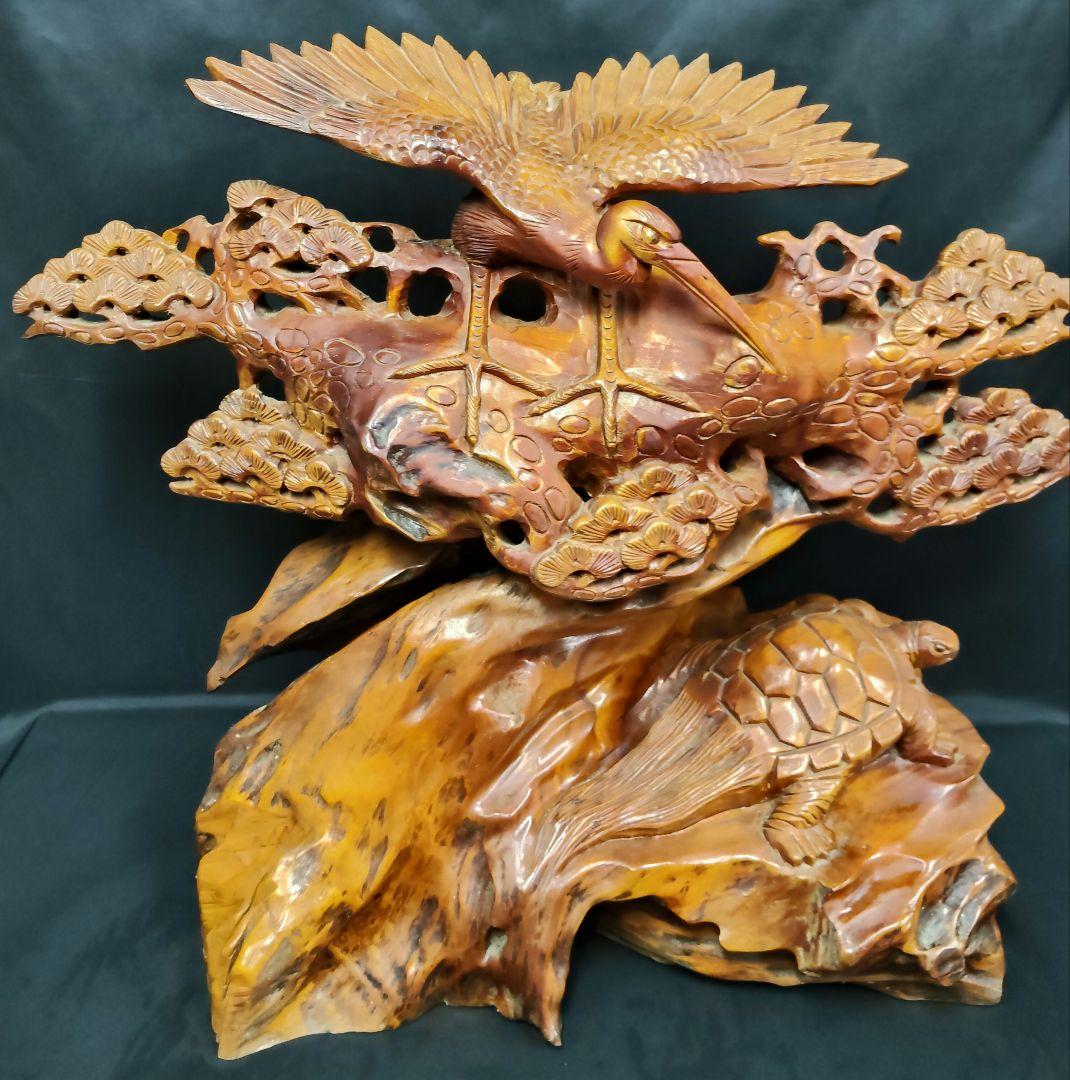 木彫り 鶴と亀の置物 鶴亀 縁起物 和風彫刻