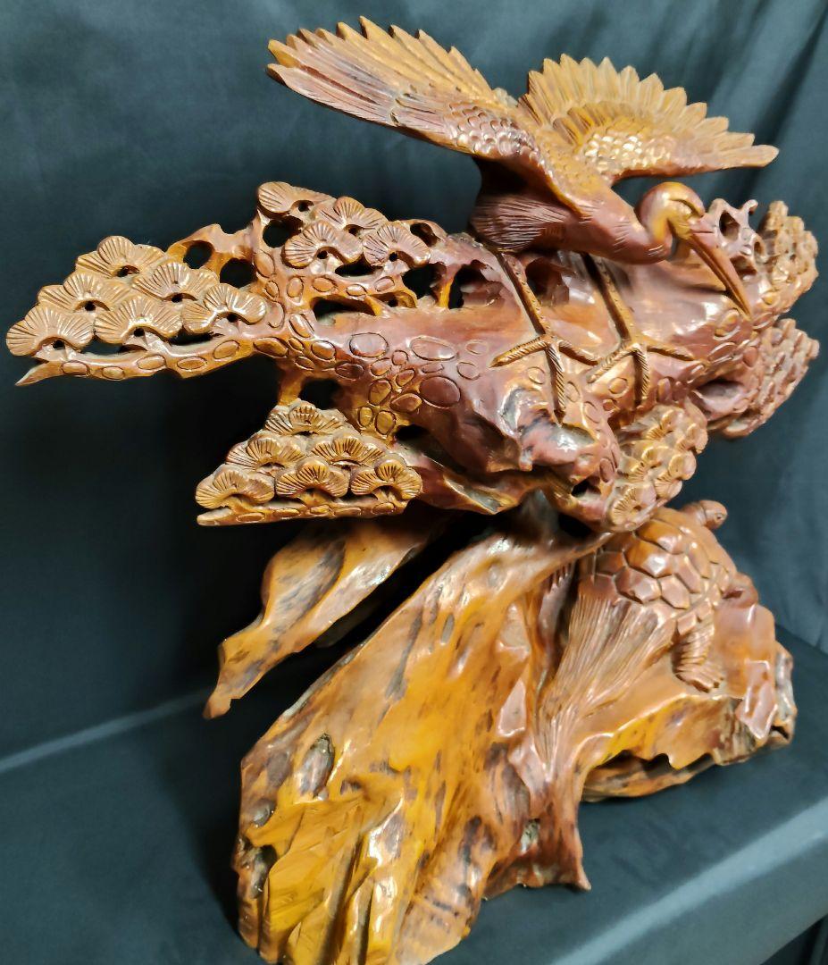 木彫り 鶴と亀の置物 鶴亀 縁起物 和風彫刻