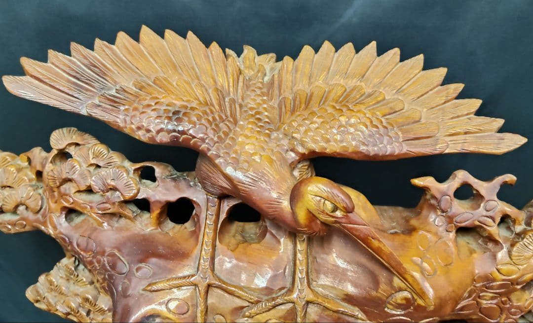 木彫り 鶴と亀の置物 鶴亀 縁起物 和風彫刻