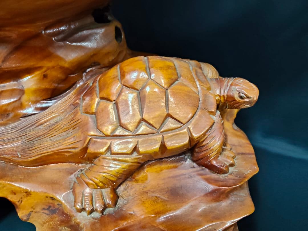 木彫り 鶴と亀の置物 鶴亀 縁起物 和風彫刻