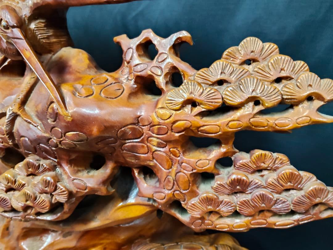 木彫り 鶴と亀の置物 鶴亀 縁起物 和風彫刻