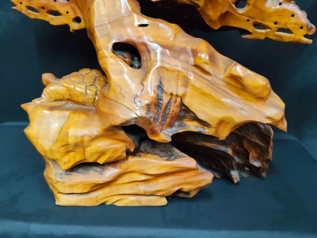 木彫り 鶴と亀の置物 鶴亀 縁起物 和風彫刻