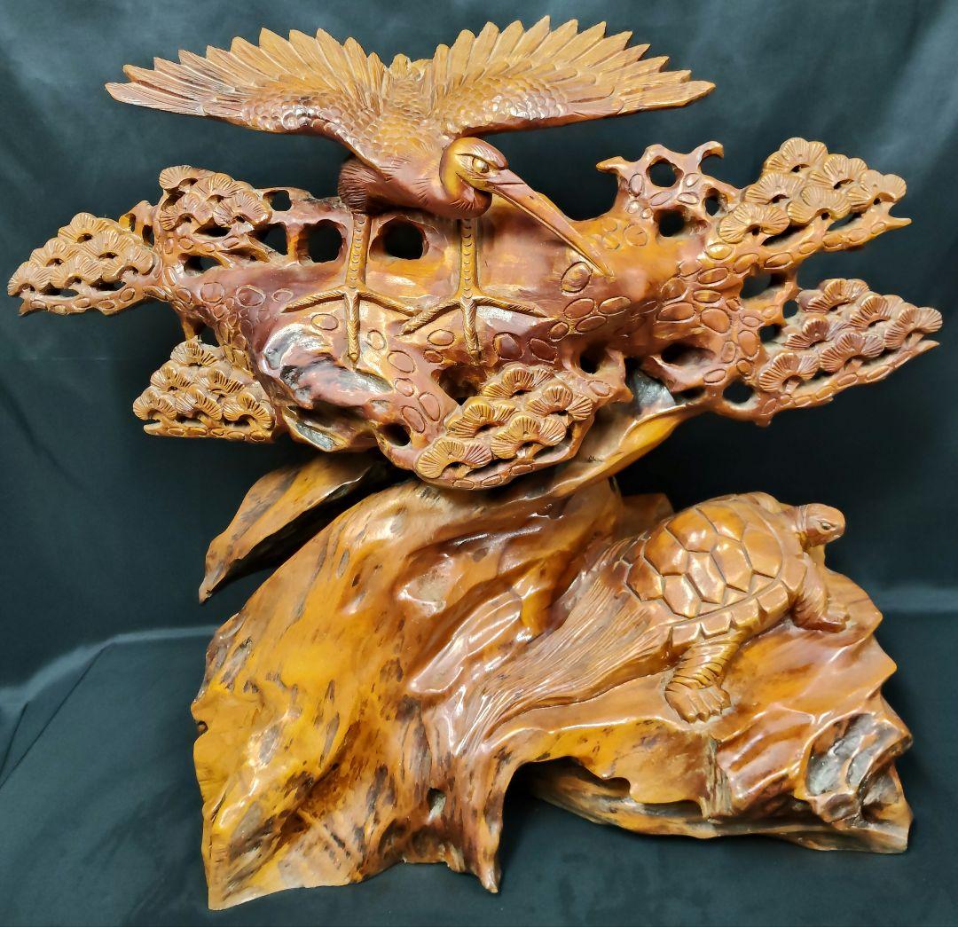 木彫り 鶴と亀の置物 鶴亀 縁起物 和風彫刻