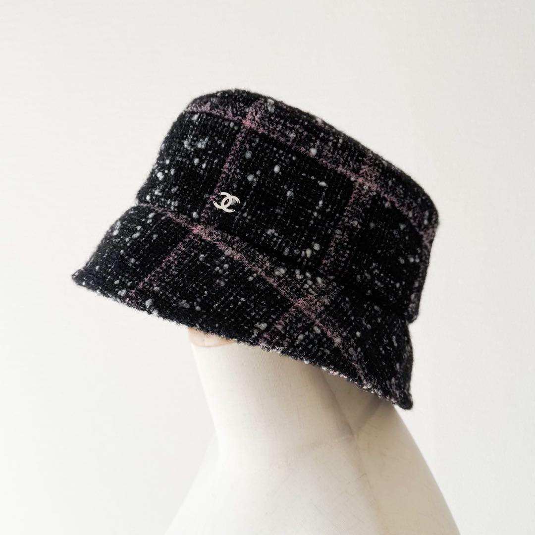 美品 CHANEL ツイードバケットハット ココマーク 近年モデル ブラック Ｍ