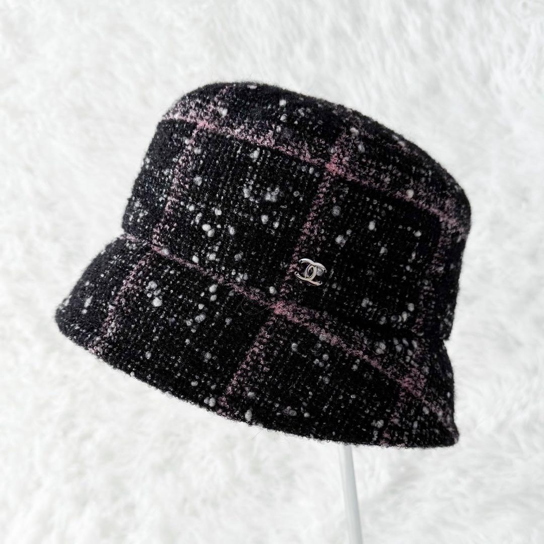 美品 CHANEL ツイードバケットハット ココマーク 近年モデル ブラック Ｍ