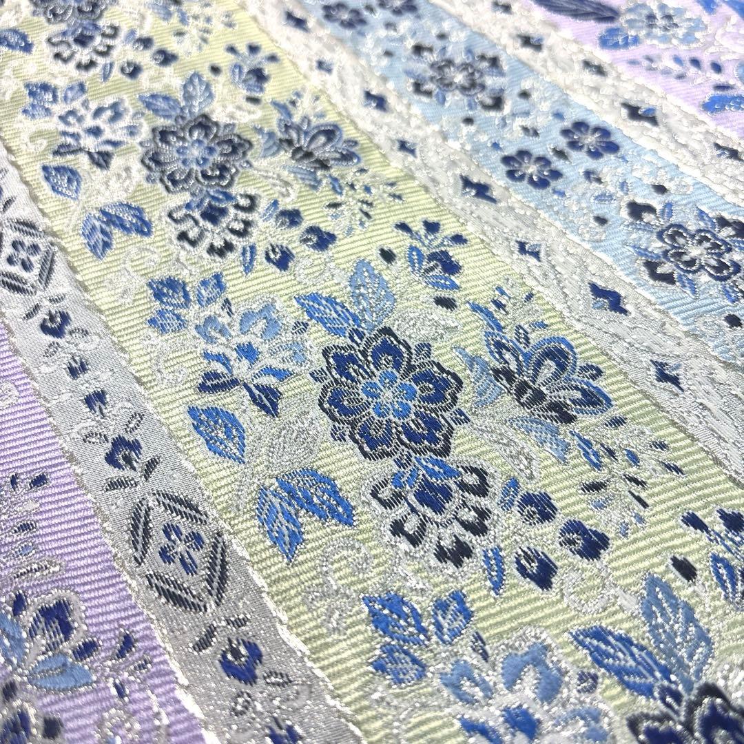 新品未使用品　正絹 西陣織 【2400織 藍染 横軸 花々】