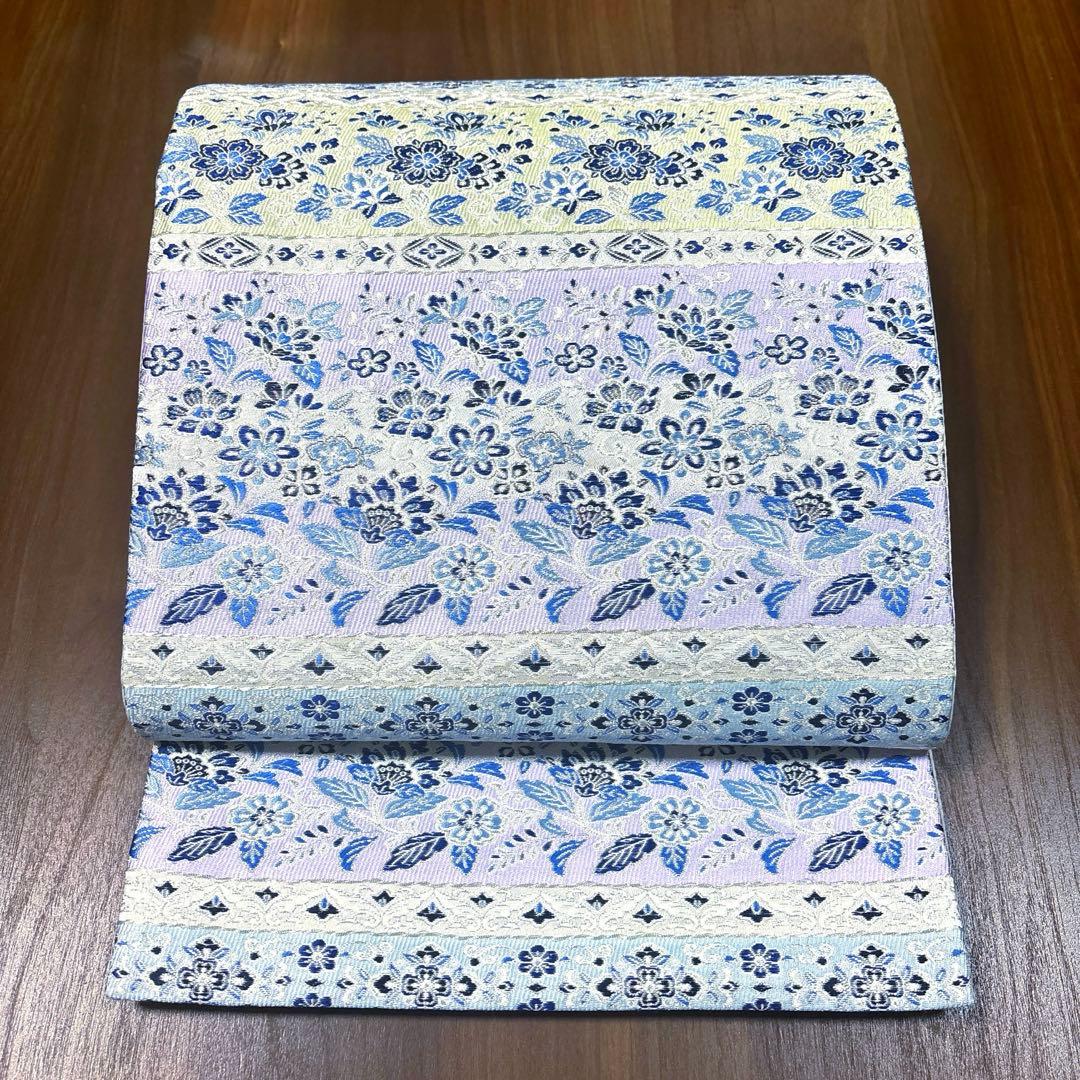 新品未使用品　正絹 西陣織 【2400織 藍染 横軸 花々】