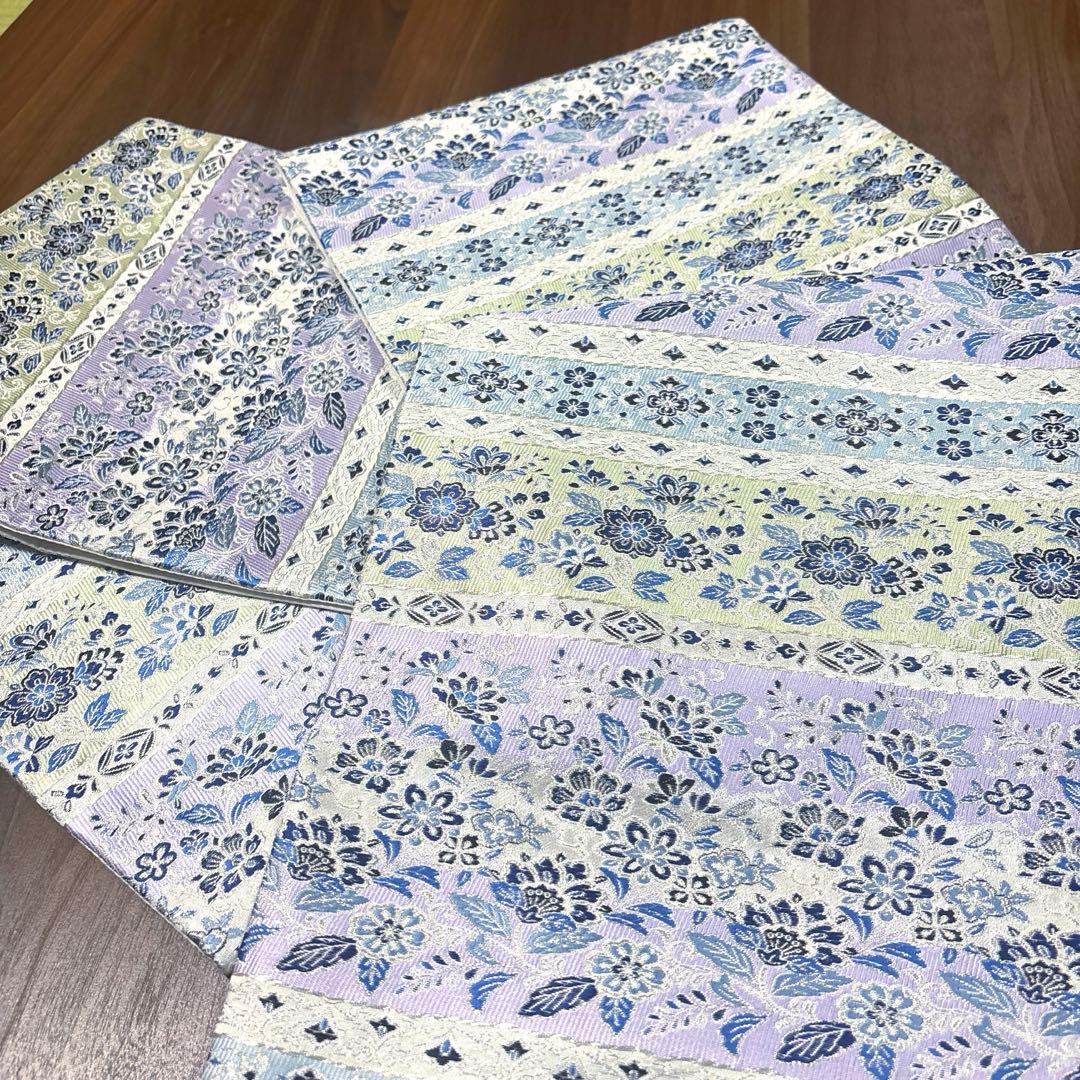 新品未使用品　正絹 西陣織 【2400織 藍染 横軸 花々】