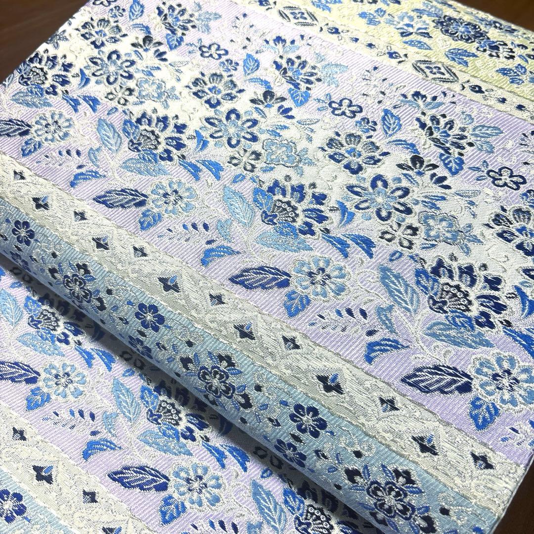 新品未使用品　正絹 西陣織 【2400織 藍染 横軸 花々】