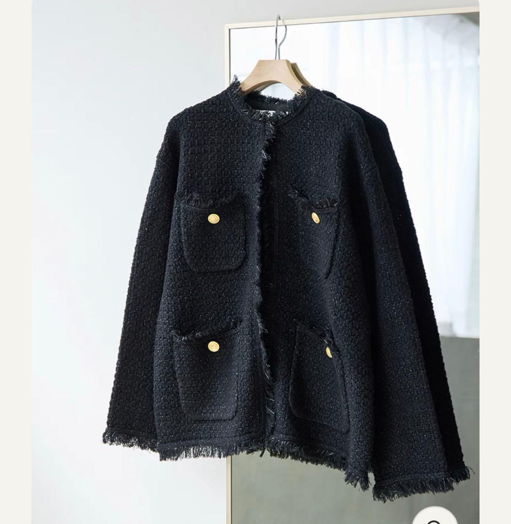 ADAWAS｜定価3.5万 フリンジ ツイードニットジャケット ブラック　金釦