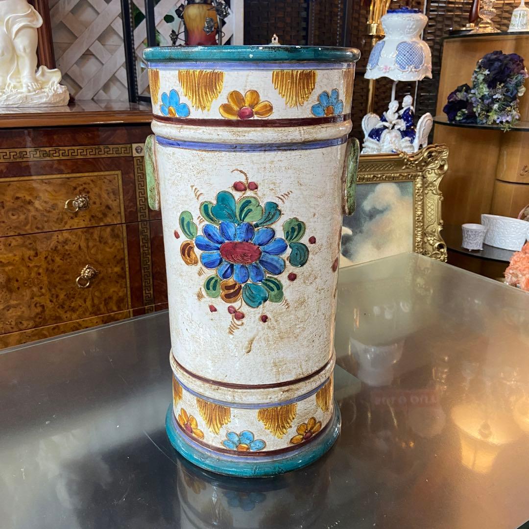 陶器　傘立て　ヴィンテージ　ハンドペイント　明るい花柄　イタリア