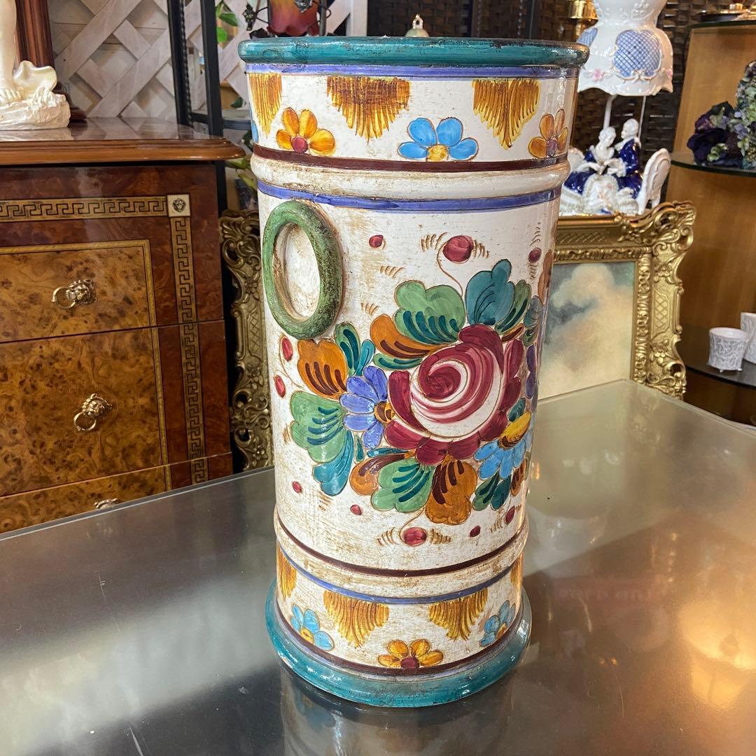 陶器　傘立て　ヴィンテージ　ハンドペイント　明るい花柄　イタリア