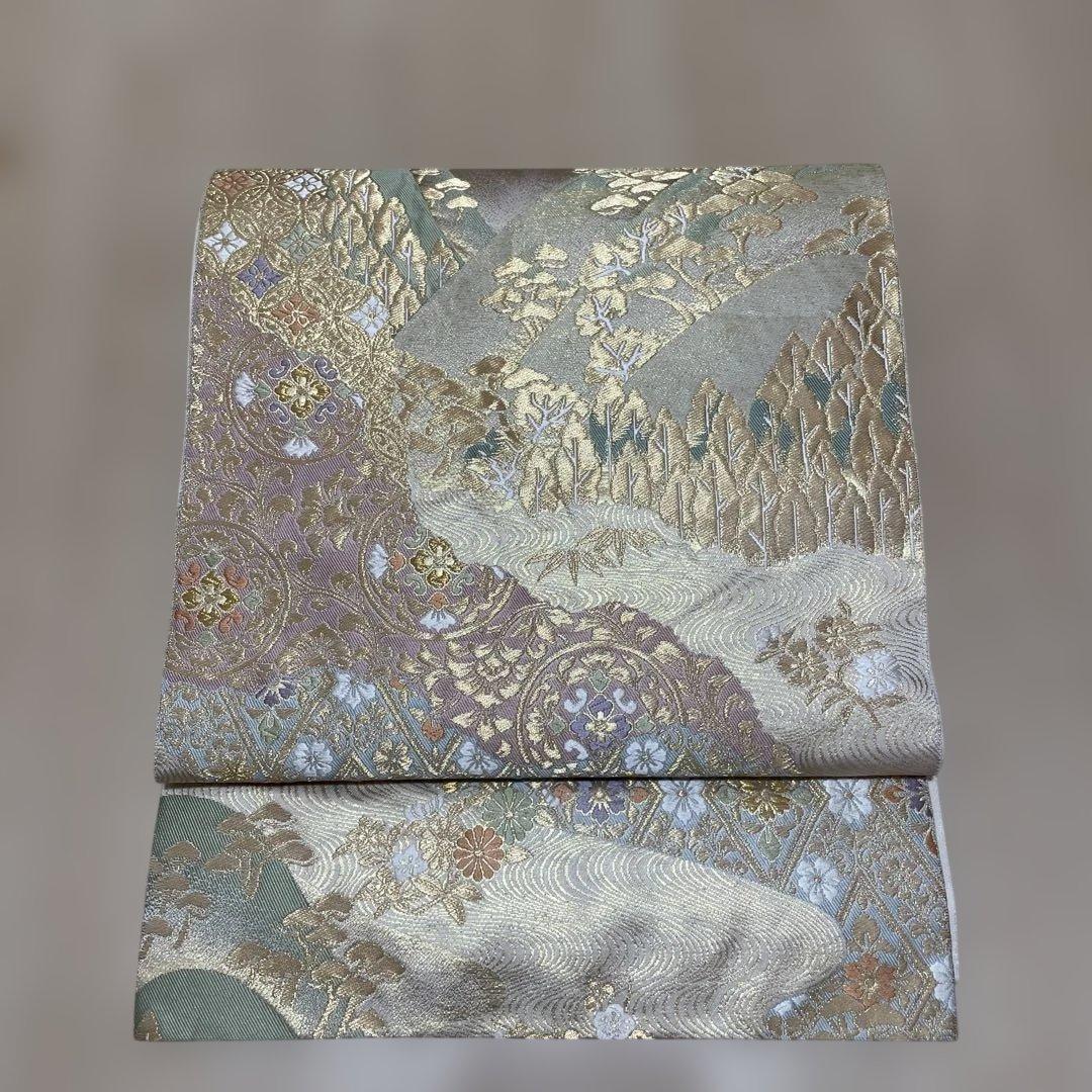 【服部織物 袋帯 正絹 礼装用 金彩山水文様】