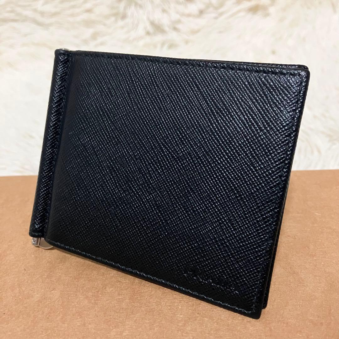 極美品 プラダ サフィアーノ マネークリップ レザーブラック