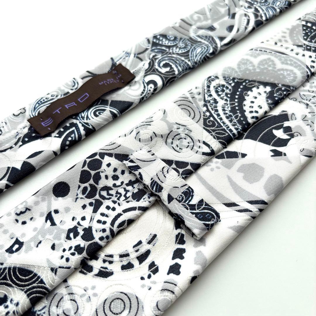 ꧁極美品꧂ エトロ ネクタイ ジャガード バンダナ ペイズリー ホワイト グレー