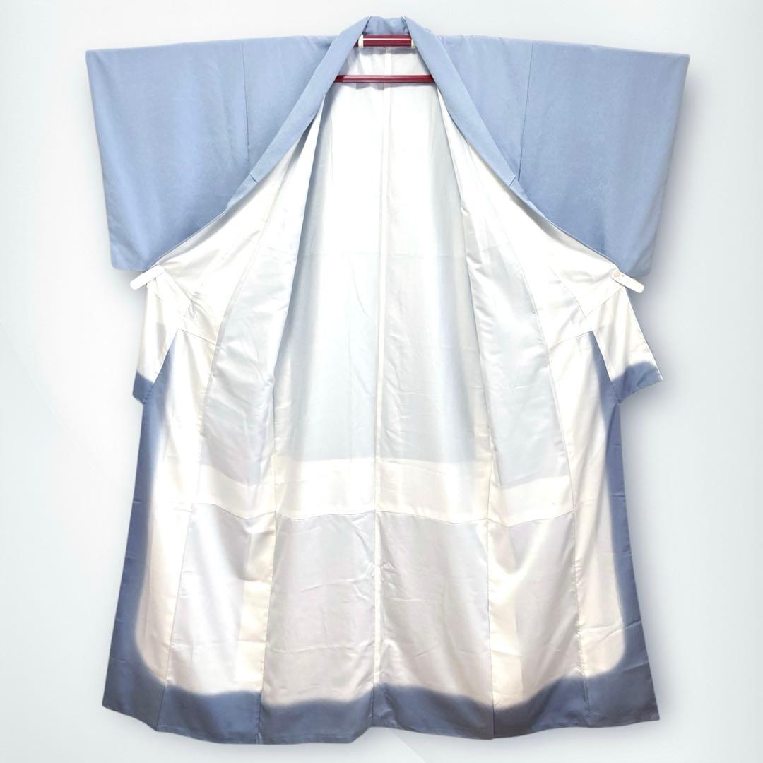 【良品✨】東レシルック　洗える着物　色無地　水色　紋付　縮緬　手縫い仕立て　O2