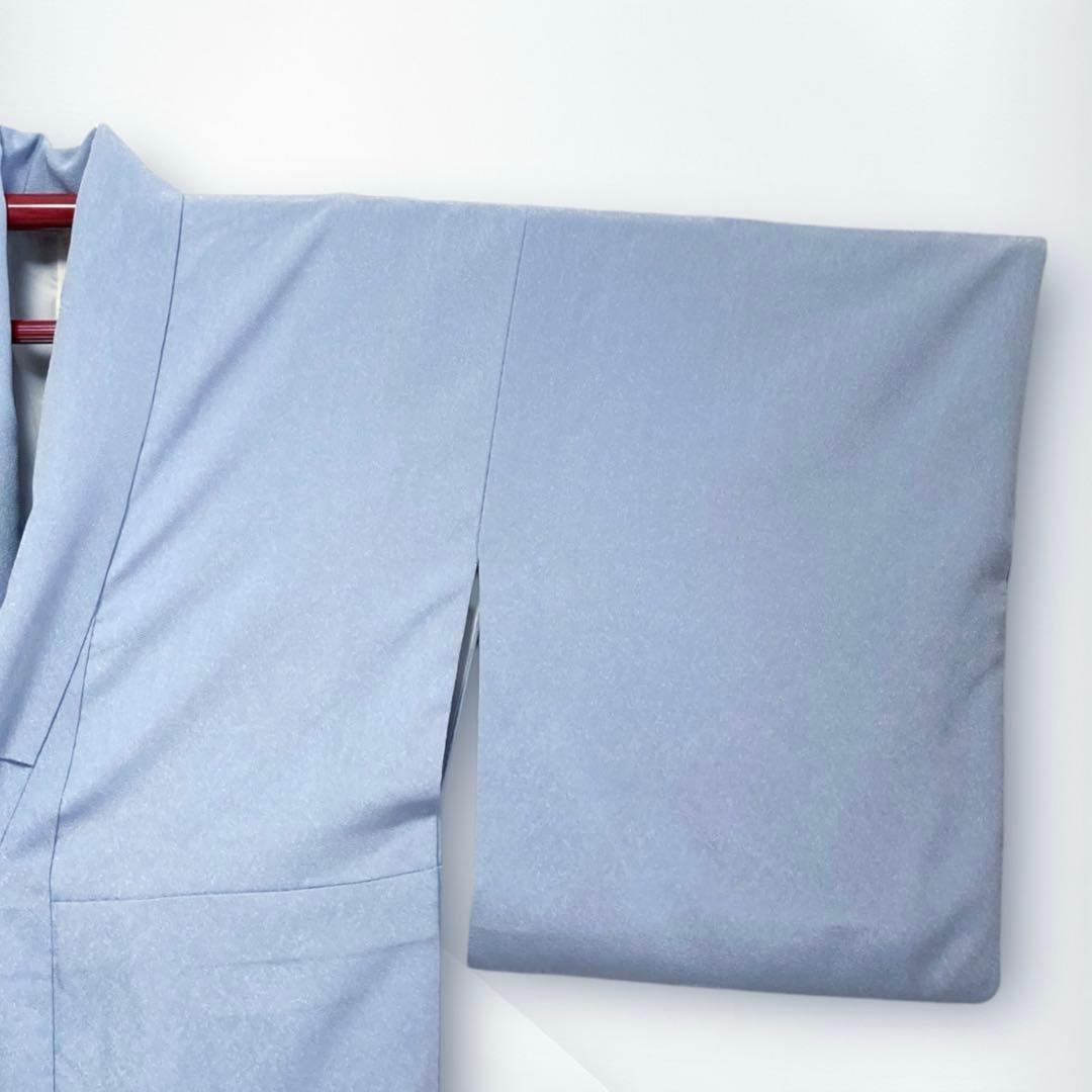 【良品✨】東レシルック　洗える着物　色無地　水色　紋付　縮緬　手縫い仕立て　O2