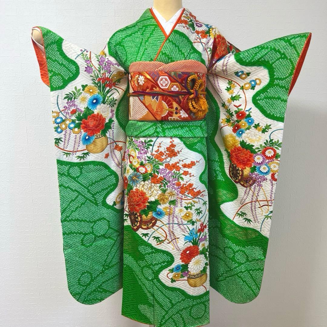 474 振袖フルセット 正絹 緑グリーン オレンジ レトロ 絞り 金彩 駒刺繍