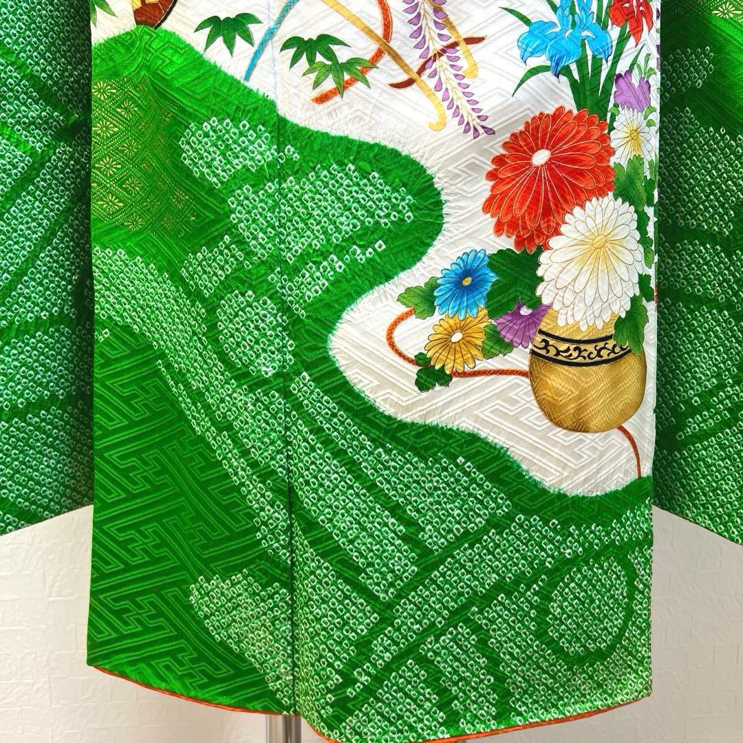 474 振袖フルセット 正絹 緑グリーン オレンジ レトロ 絞り 金彩 駒刺繍