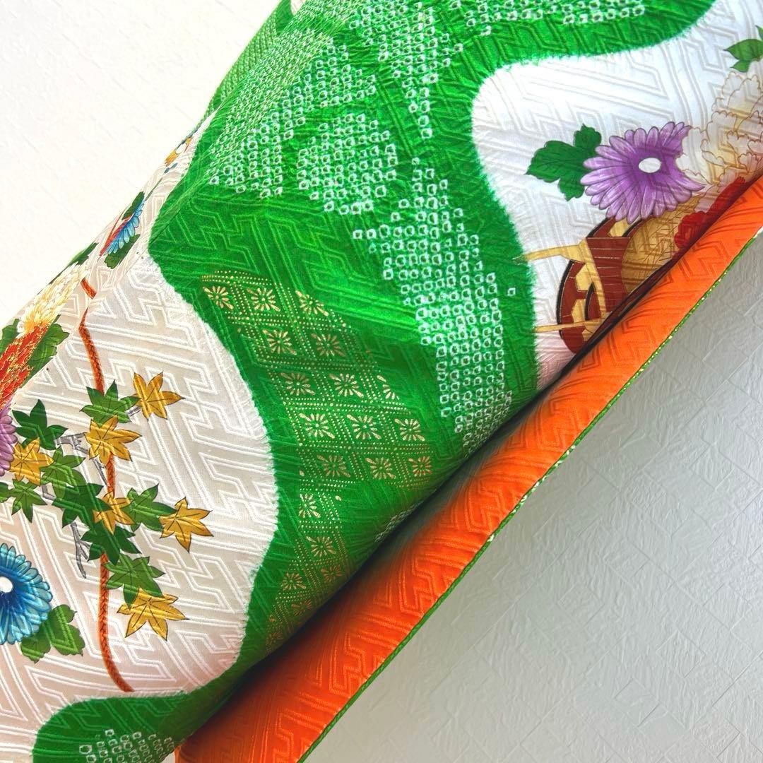 474 振袖フルセット 正絹 緑グリーン オレンジ レトロ 絞り 金彩 駒刺繍
