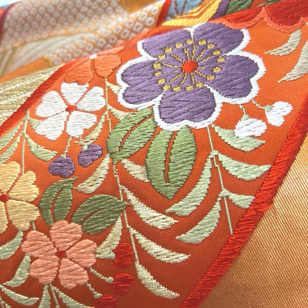 474 振袖フルセット 正絹 緑グリーン オレンジ レトロ 絞り 金彩 駒刺繍