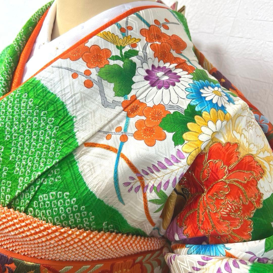 474 振袖フルセット 正絹 緑グリーン オレンジ レトロ 絞り 金彩 駒刺繍