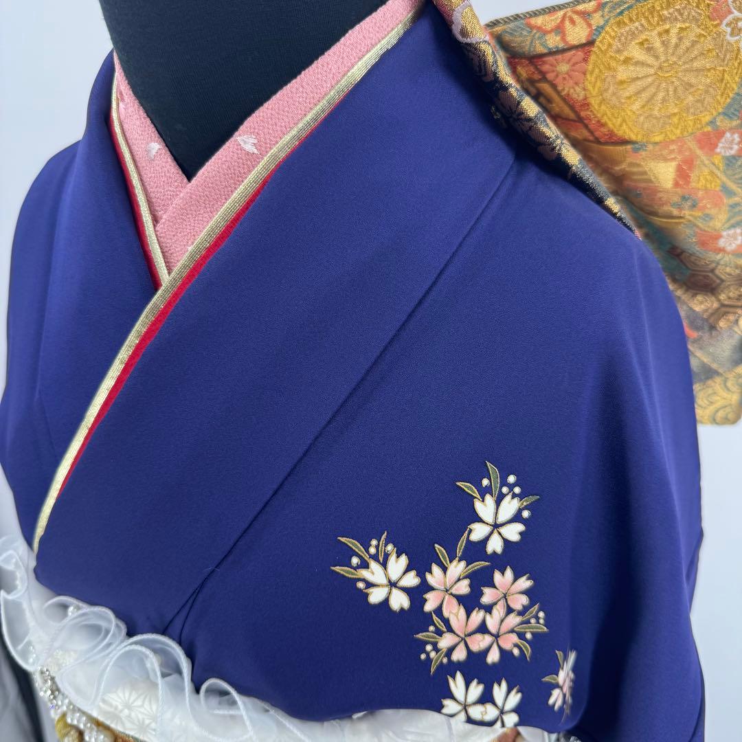 振袖10点フルセット　古典柄　ネイビー　成人式　結婚式　つけ袖白レース付　正絹