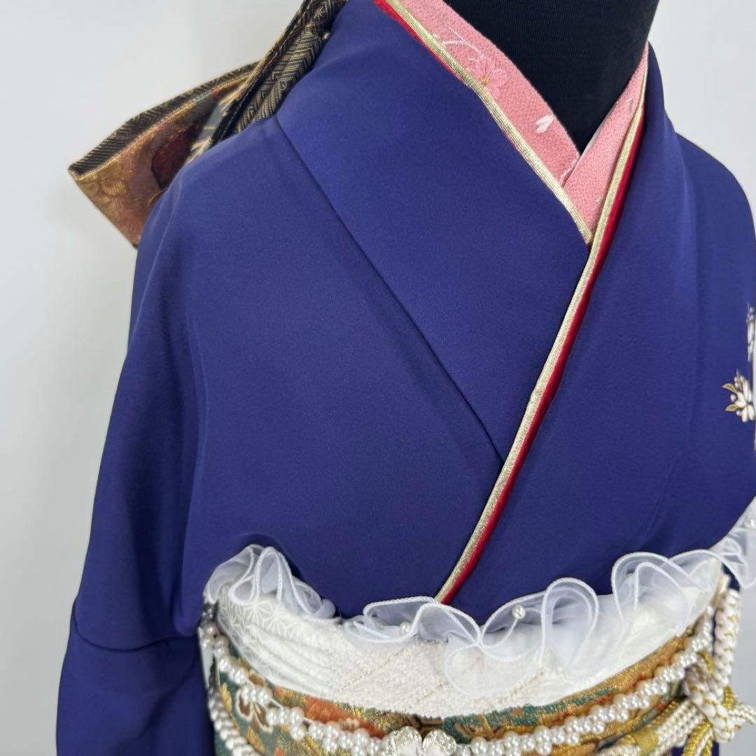 振袖10点フルセット　古典柄　ネイビー　成人式　結婚式　つけ袖白レース付　正絹