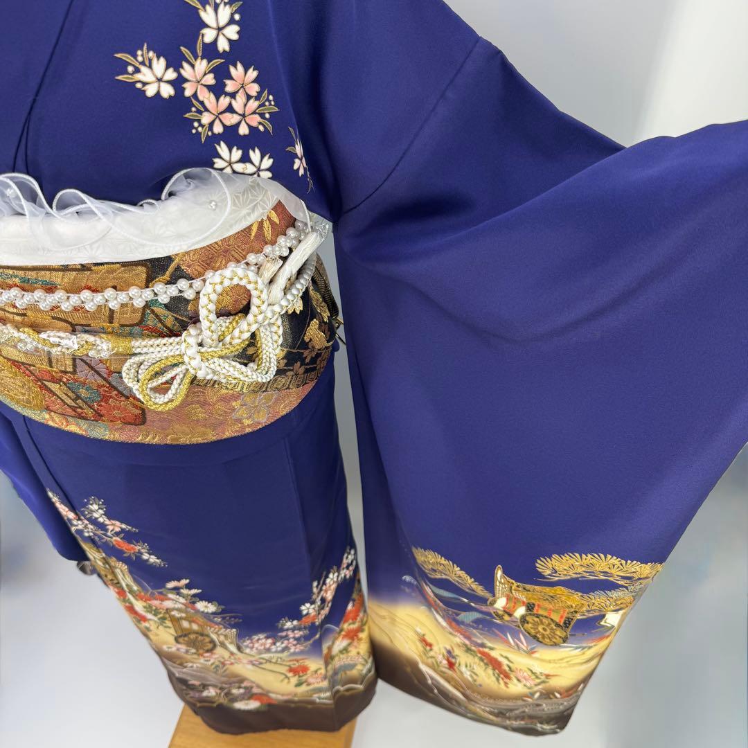 振袖10点フルセット　古典柄　ネイビー　成人式　結婚式　つけ袖白レース付　正絹