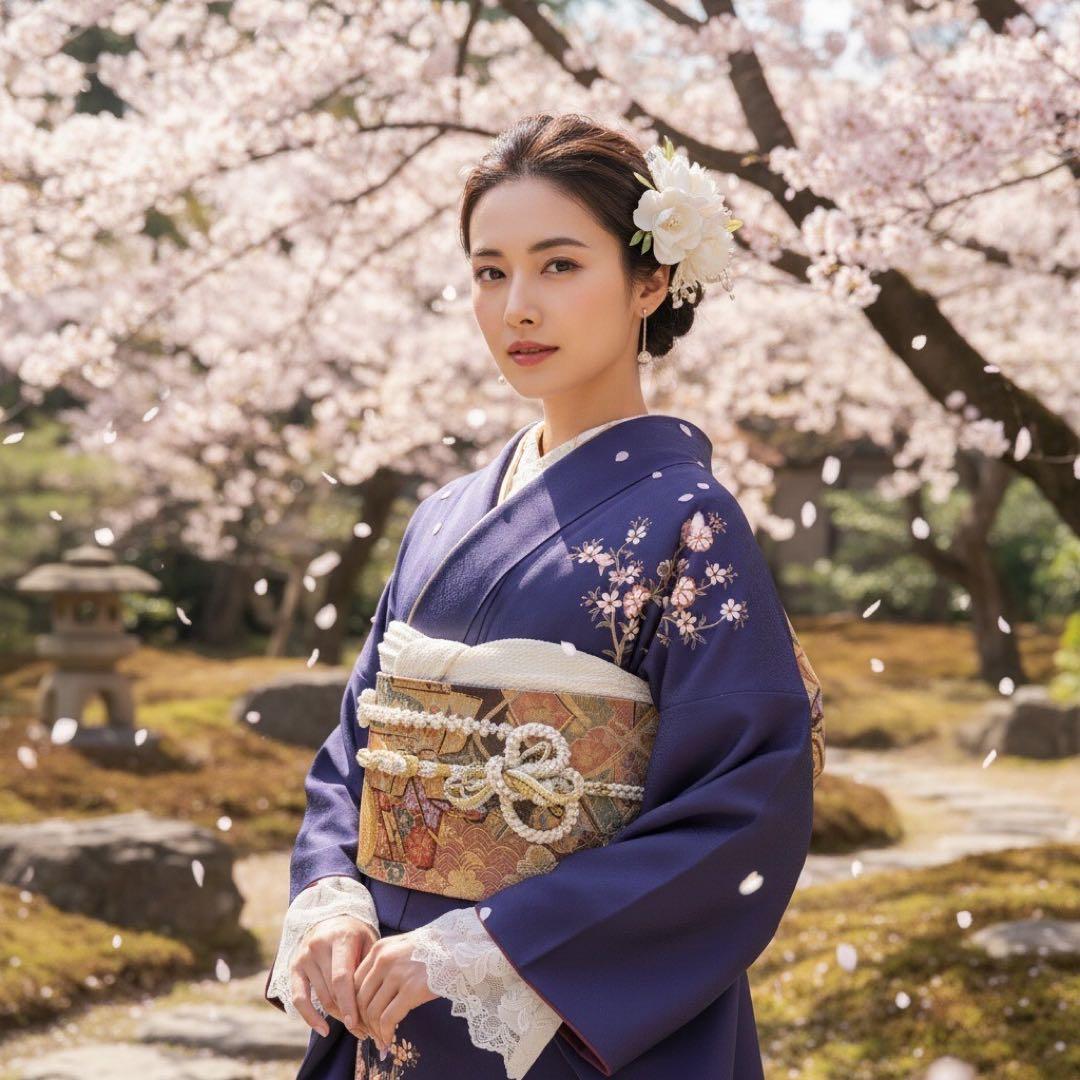 振袖10点フルセット　古典柄　ネイビー　成人式　結婚式　つけ袖白レース付　正絹