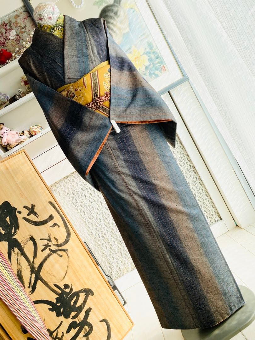 高級 石毛結城紬 正絹 麻の葉 かつお縞