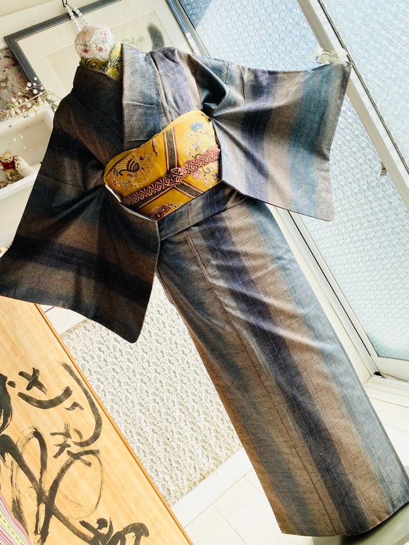 高級 石毛結城紬 正絹 麻の葉 かつお縞