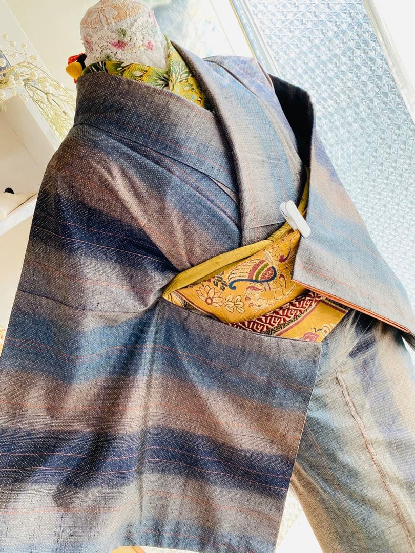 高級 石毛結城紬 正絹 麻の葉 かつお縞