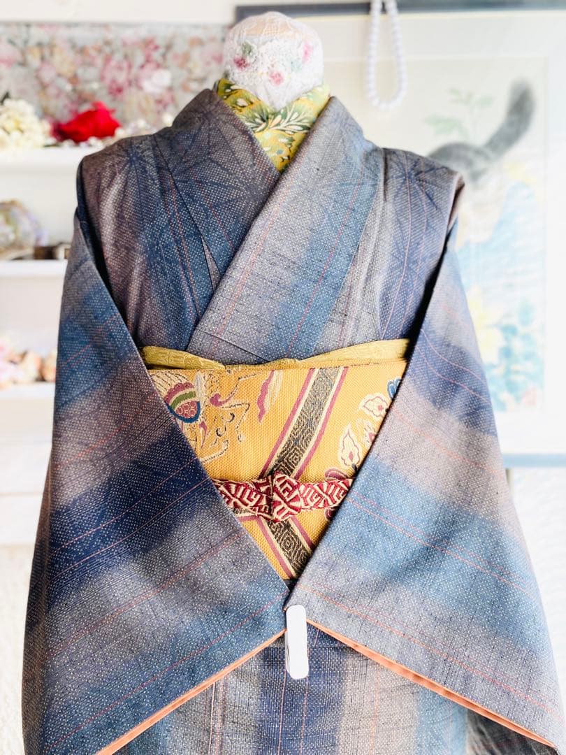 高級 石毛結城紬 正絹 麻の葉 かつお縞