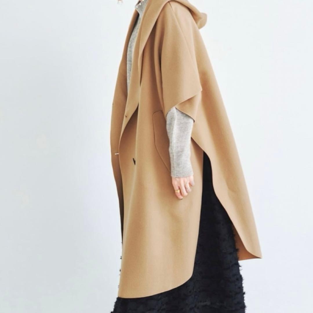【高島屋購入品】Vaneum クロークフーディポンチョコート　キャメル　ウール