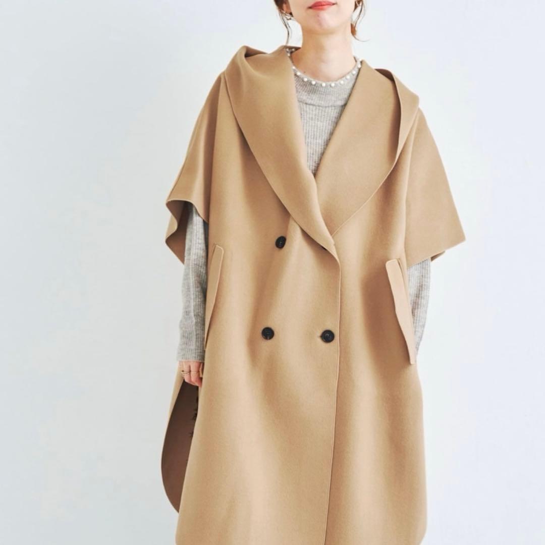 【高島屋購入品】Vaneum クロークフーディポンチョコート　キャメル　ウール