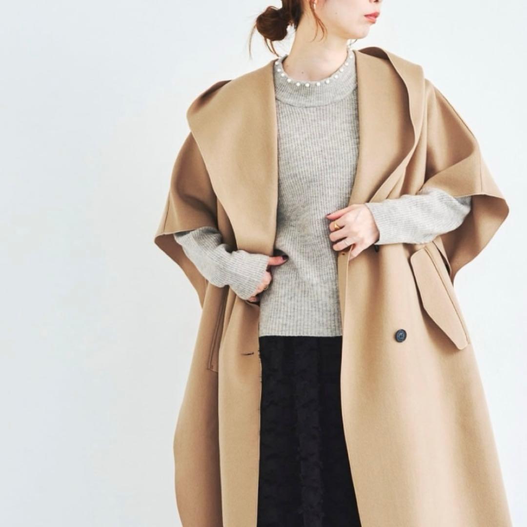 【高島屋購入品】Vaneum クロークフーディポンチョコート　キャメル　ウール