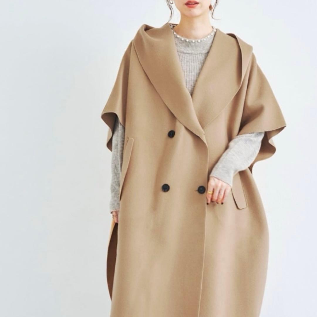 【高島屋購入品】Vaneum クロークフーディポンチョコート　キャメル　ウール