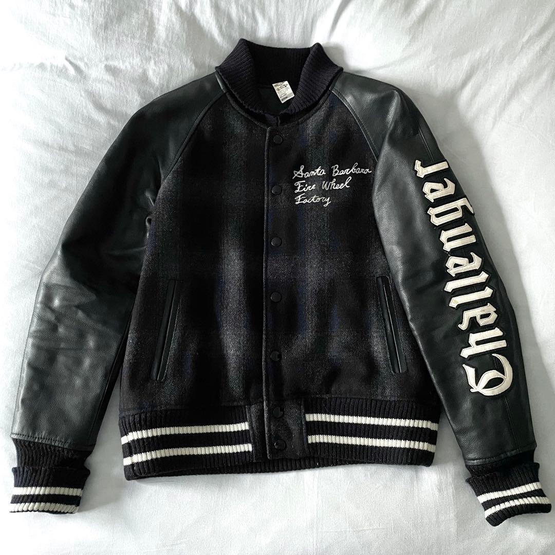 challenger スタジャン　レザー切り替え　オンブレチェック　紺　Mサイズ