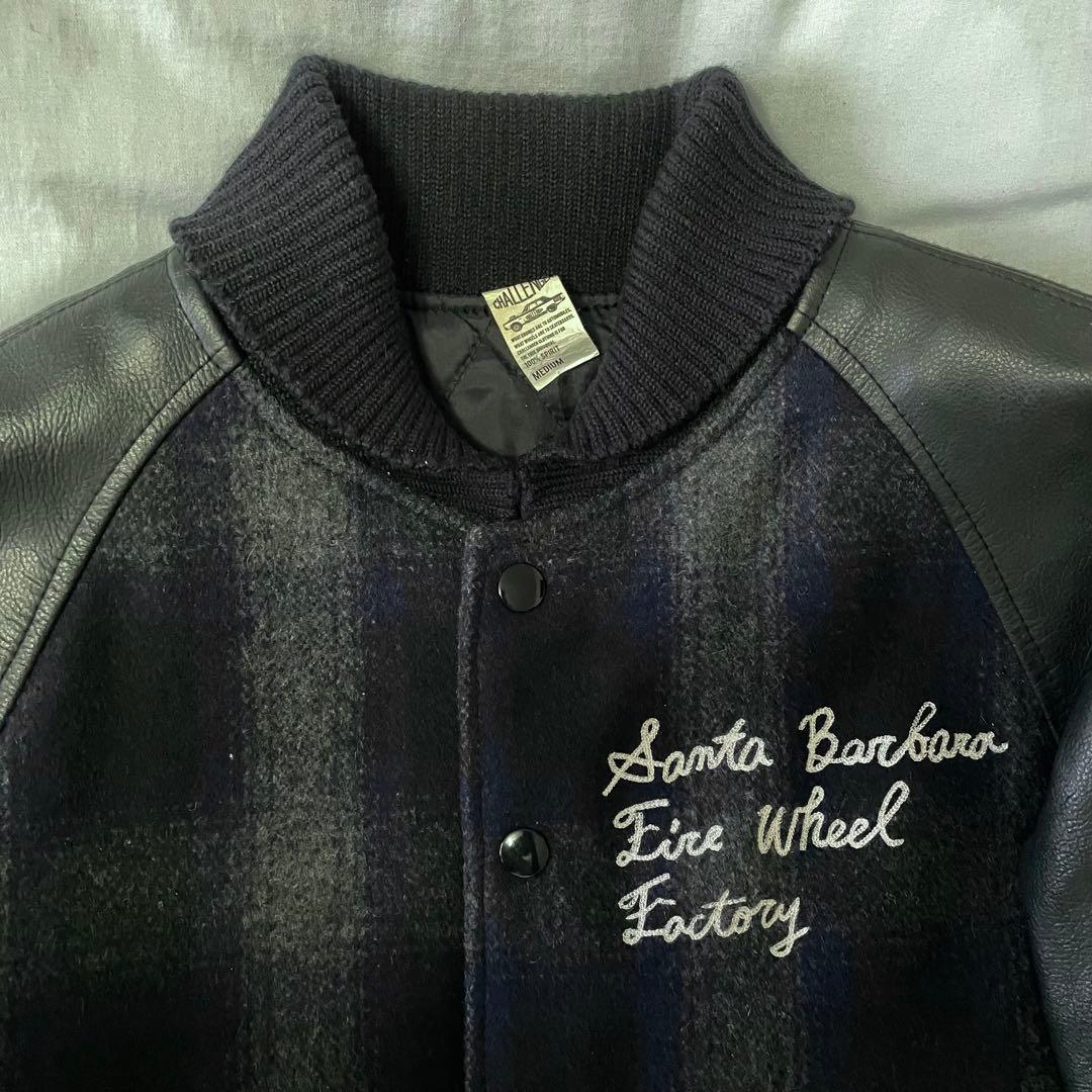 challenger スタジャン　レザー切り替え　オンブレチェック　紺　Mサイズ