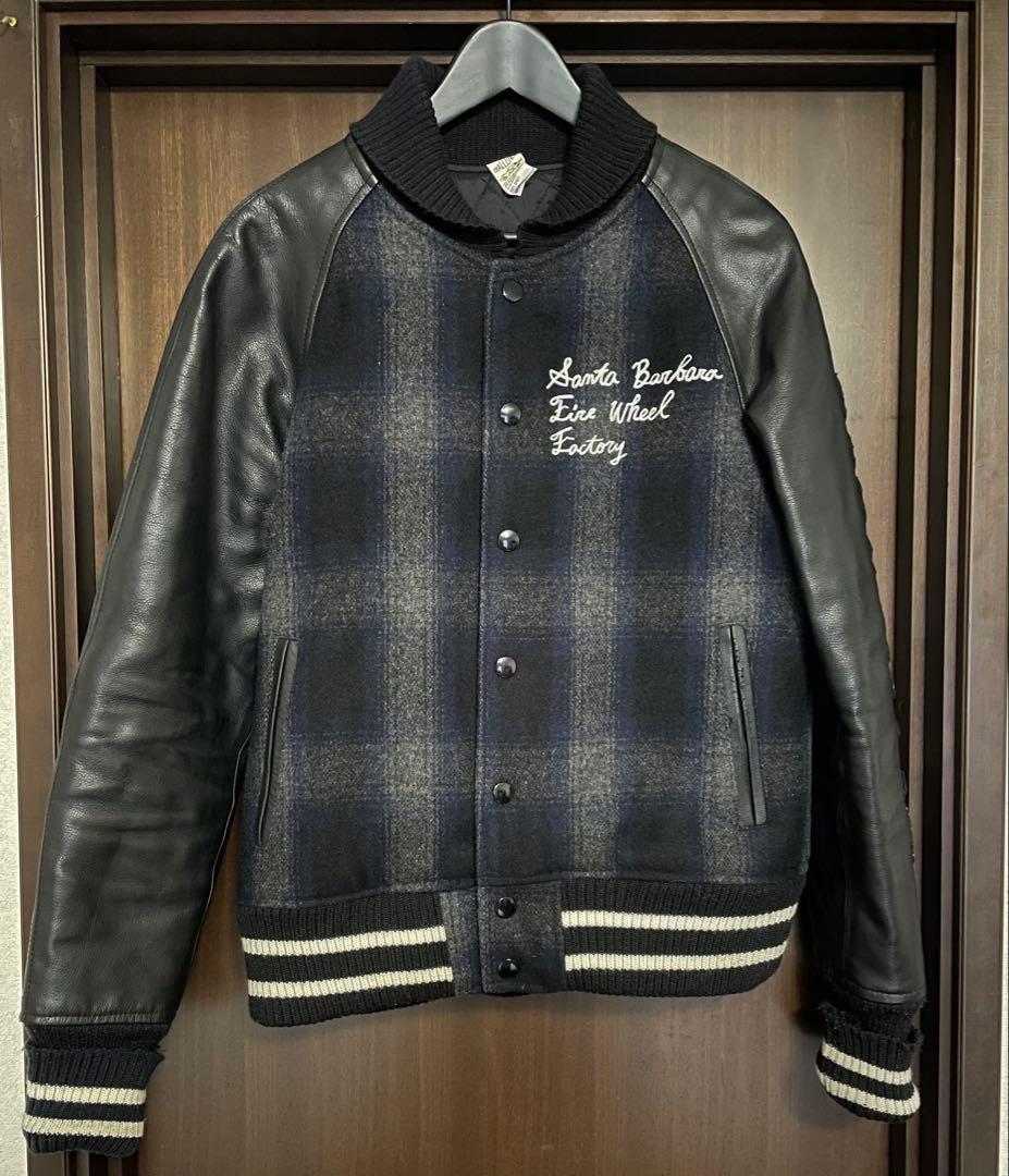 challenger スタジャン　レザー切り替え　オンブレチェック　紺　Mサイズ