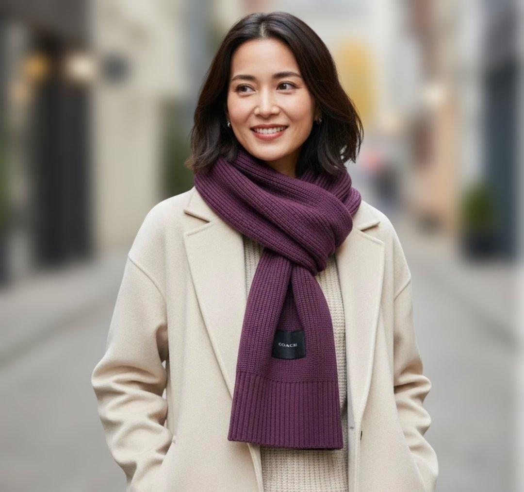 新品・未使用COACHコーチマフラー織パットタグ付き紫パープルユニセックス