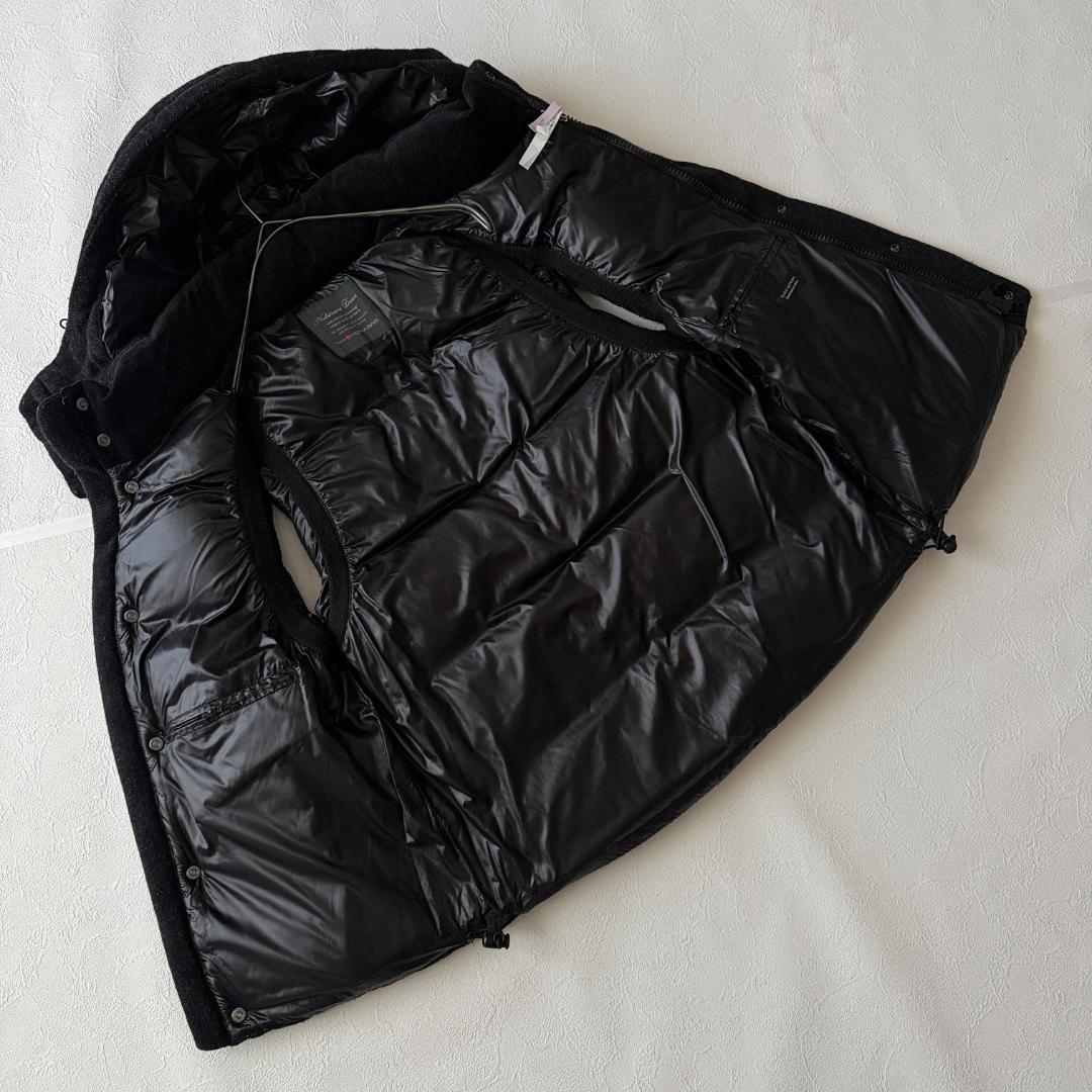 ナノユニバース 西川 ダウンベスト L フード ストライプ ブラック ウール