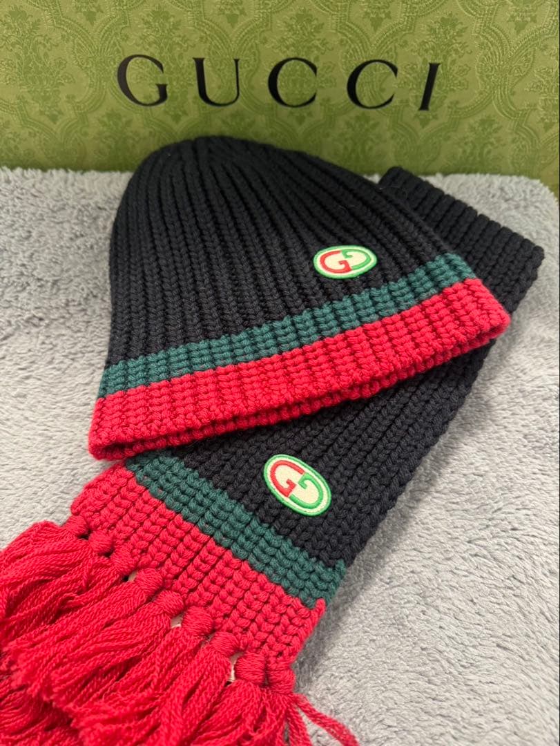 GUCCI フリンジ付きニットマフラー ビーニーLサイズ