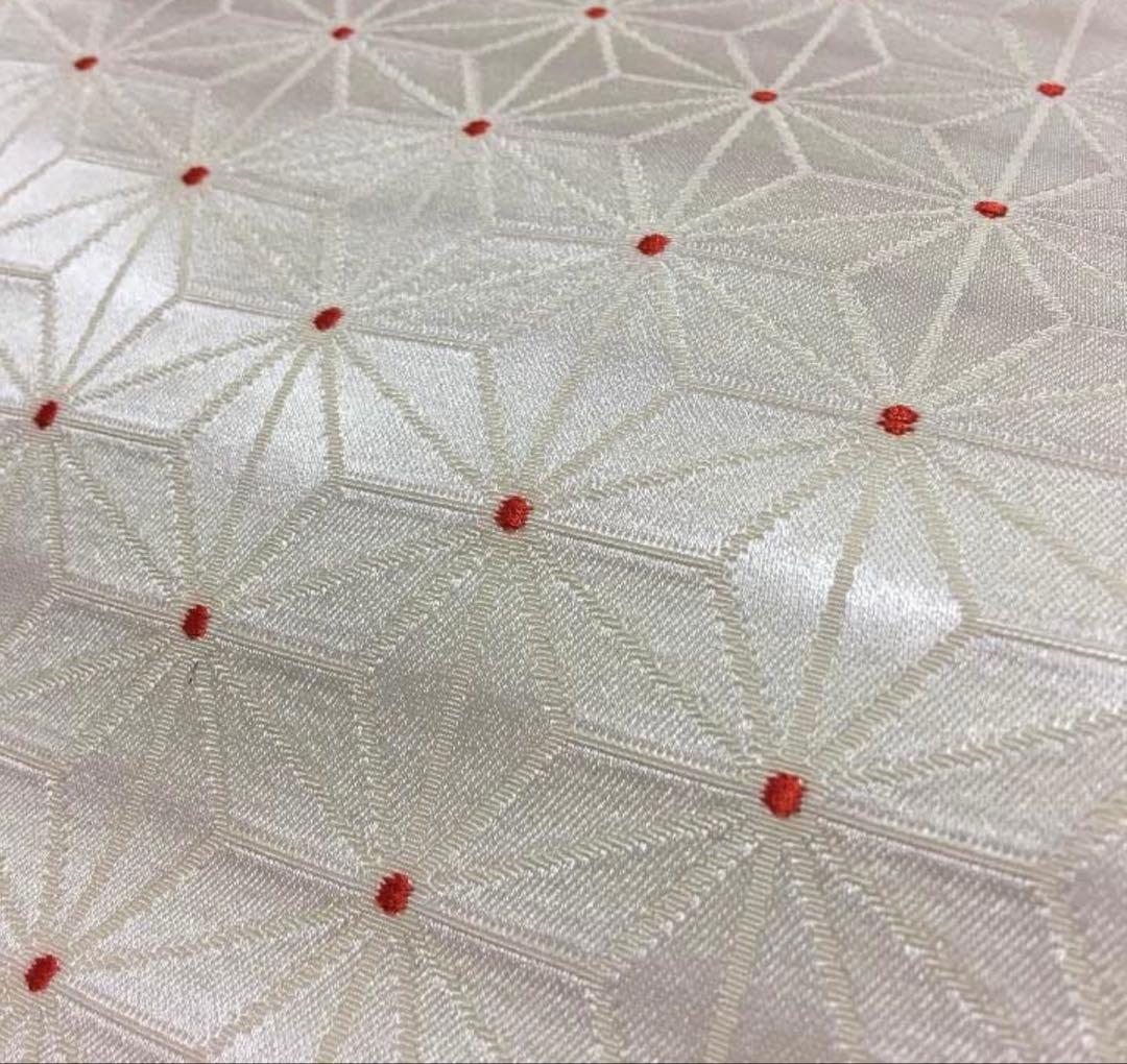 美品☆高級・正絹・帯・冬帯・袋帯☆麻の葉紋様☆博多織☆真珠色×赤☆上品な華やかさ