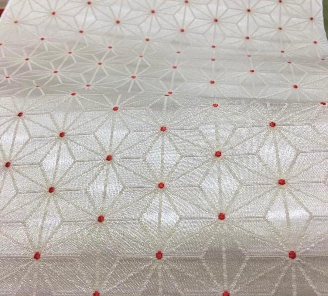 美品☆高級・正絹・帯・冬帯・袋帯☆麻の葉紋様☆博多織☆真珠色×赤☆上品な華やかさ