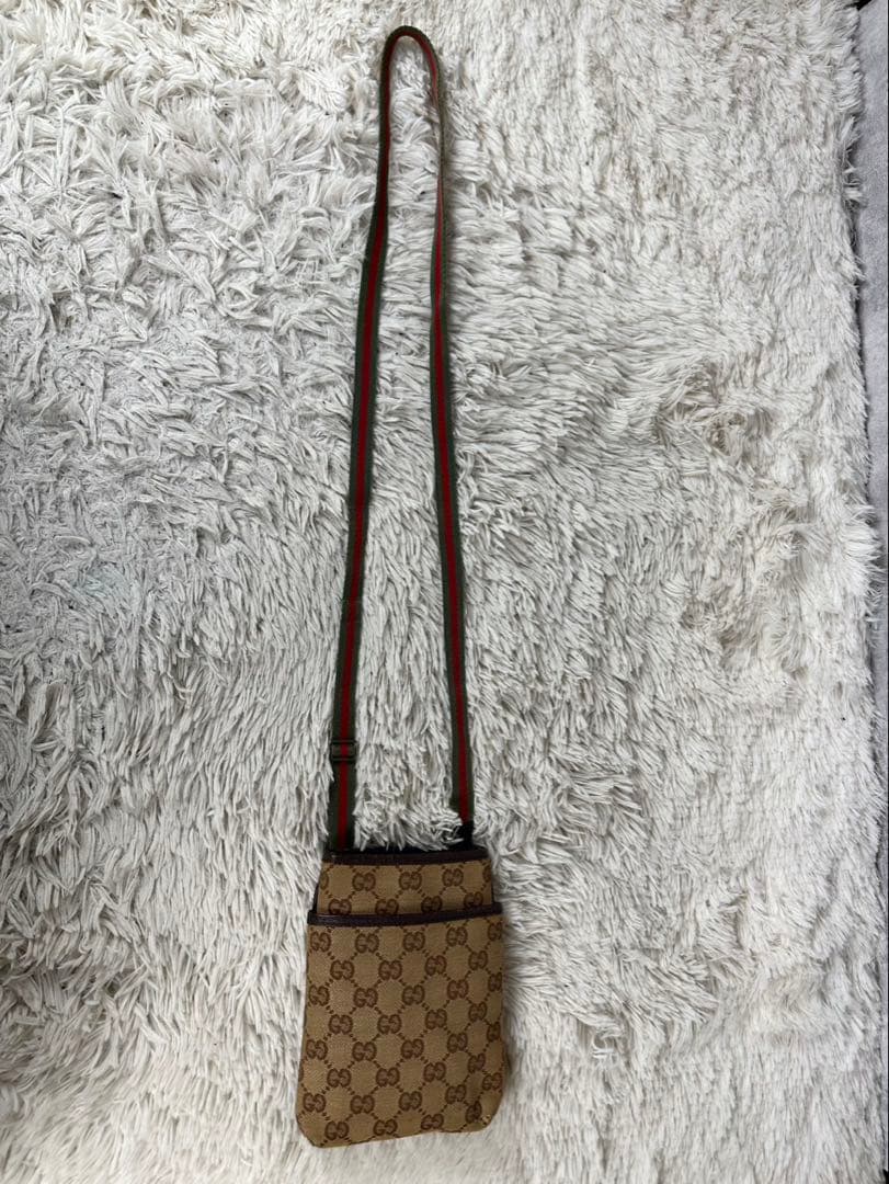 美品 グッチ キャンバス レザー ショルダーバッグ GG シェリーライン 茶