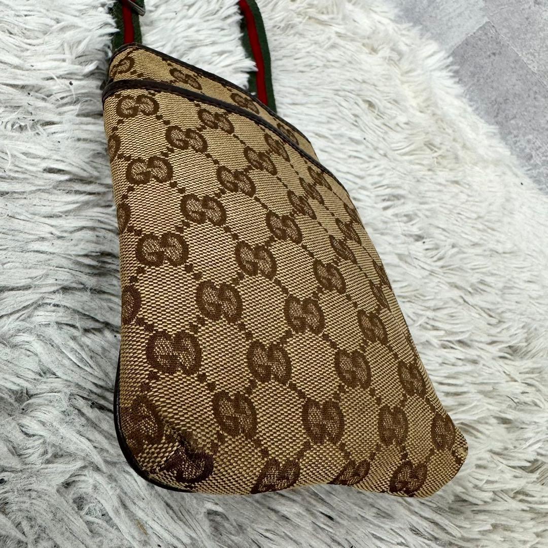 美品 グッチ キャンバス レザー ショルダーバッグ GG シェリーライン 茶